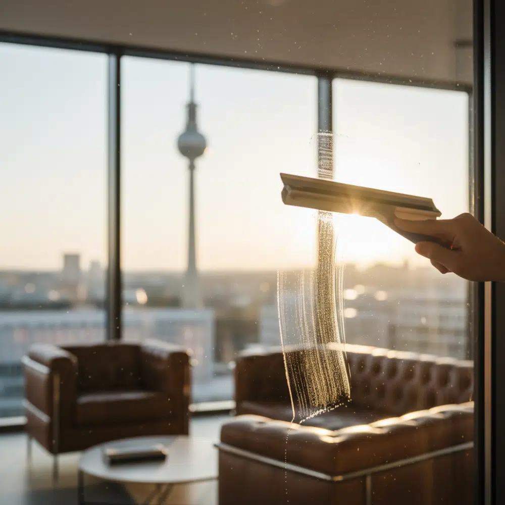 Streifenfreie Fensterreinigung in einem modernen Konferenzraum.
