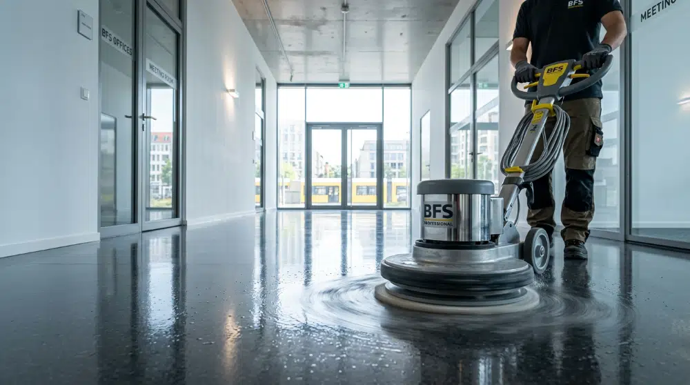 Professionelle Bodengrundreinigung mit Einscheibenmaschine in Berliner Büroflur